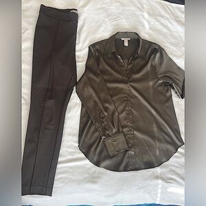 H&M Olive Silk Button Down w/ Slim Fit Pant Set